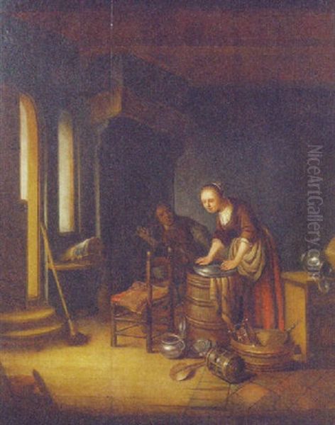 A Maid And A Man Smoking In An Interior Oil Painting by Jacob Pieter van den Bosch