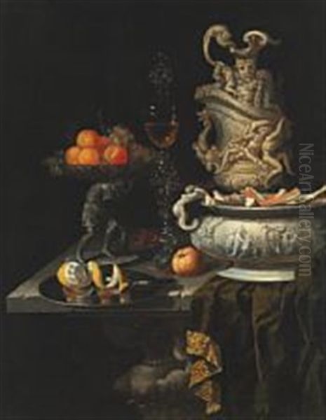 Still Life With Gorgeous Pitcher, Peeled Lemon On Platter And Centrepiece With Fruits by Jan Hendrick Van Den Bosch