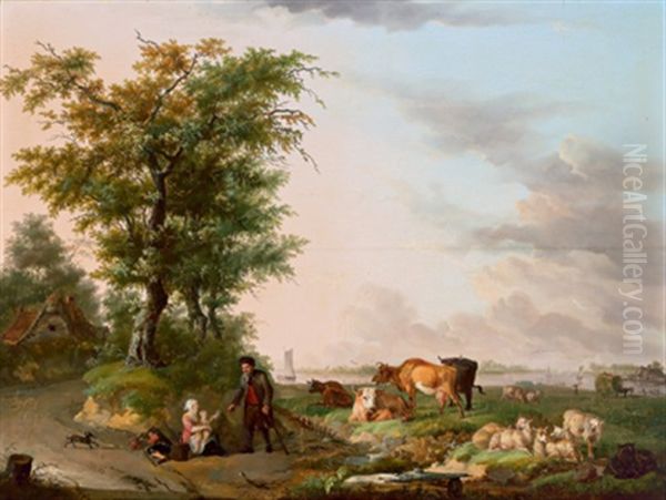 Niederlandische Weidelandschaft Mit Einem Wasserlauf Und Hirten Mit Herde Oil Painting by Jan Hendrick Van Den Bosch