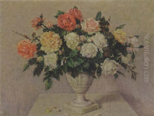 Roses In An Urn-shaped Vase Oil Painting by Lena Cornelia Ten Bosch