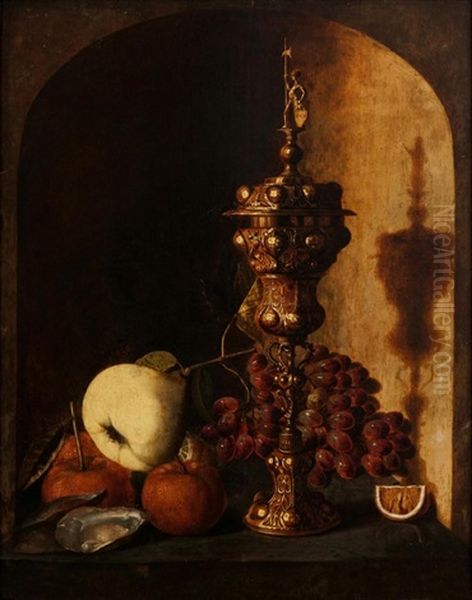 Grapes, A Pear, An Apple, A Lemon, Oysters And A Silver Oil Painting by Pieter Van Den Bosch