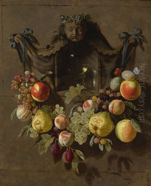 A Trompe L'oeil Still Life With A Swag Of Grapes, Pears, Peaches, Apples, Plums, And Butterflies Decorating A Niche With A Glass Roemer Oil Painting by Pieter Van Den Bosch