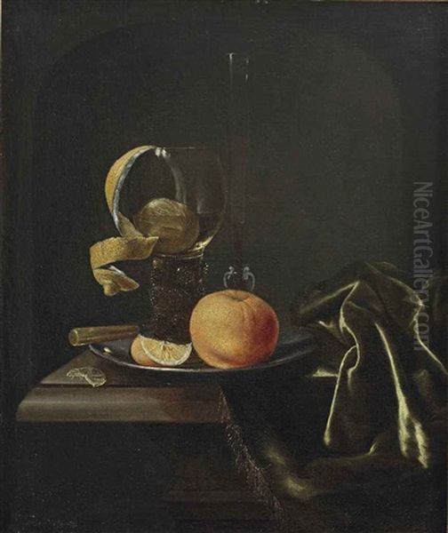 An Orange, A Peeled Lemon And A Glass On A Pewter Dish, All On A Partially Draped Table Oil Painting by Pieter Van Den Bosch