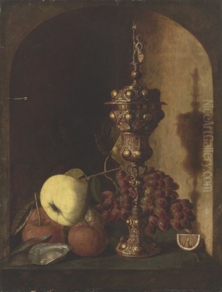 Grapes, A Pear, An Apple, A Lemon, Oysters And A Silver-gilt Cup In A Stone Niche Oil Painting by Pieter Van Den Bosch