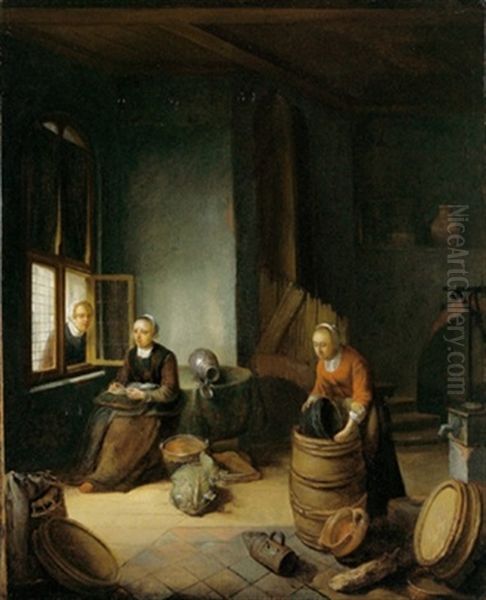 Kucheninterieur Mit Zwei Magden Bei Der Arbeit Und Einer Frau Am Fenster Oil Painting by Pieter Van Den Bosch