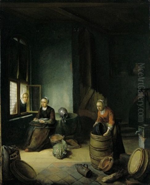 Kucheninterieur Mit Zwei Magden Bei Der Arbeit Und Einer Frau Am Fenster Oil Painting by Pieter Van Den Bosch