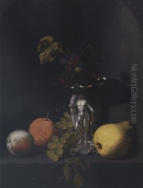 A Peach, An Orange, Grapes, A Pear, And Blue Grapes In A Silver Hercules Tazza On A Stone Ledge In A Niche Oil Painting by Pieter Van Den Bosch