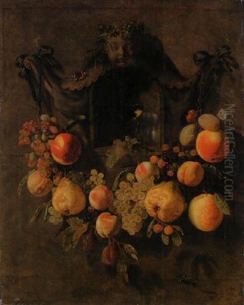 A Swag Of Grapes, Peaches, Pears, Apples And Plums Decorating A Nich With A Roemer Oil Painting by Pieter Van Den Bosch