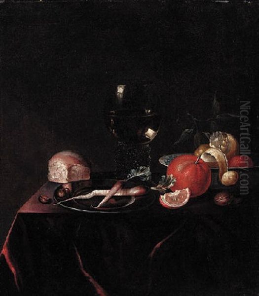 Fruit In A Porcelain Bowl, Radishes On A Pewter Dish, With A Roemer And A Breadroll On A Draped Table Oil Painting by Pieter Van Den Bosch