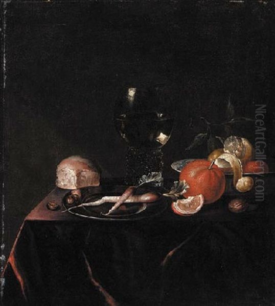 Fruit In A Porcelain Bowl, Radishes On A Pewter Dish, With A Roemer And A Breadroll On A Draped Table Oil Painting by Pieter Van Den Bosch