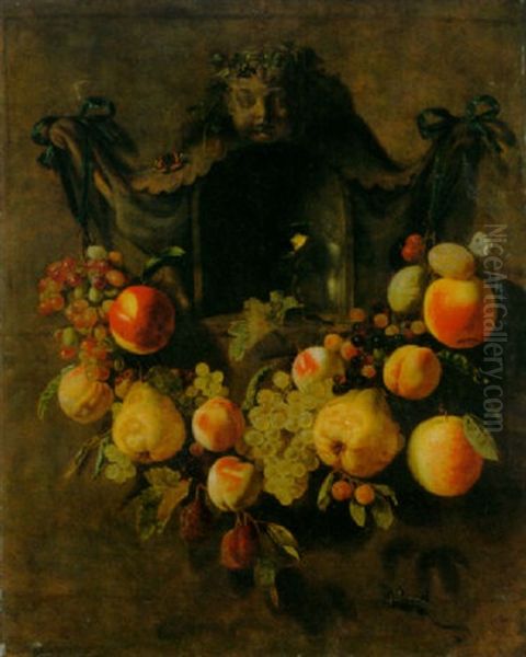 A Swag Of Grapes, Peaches, Pears, Apples And Plums Decorating A Niche With A Roemer Oil Painting by Pieter Van Den Bosch