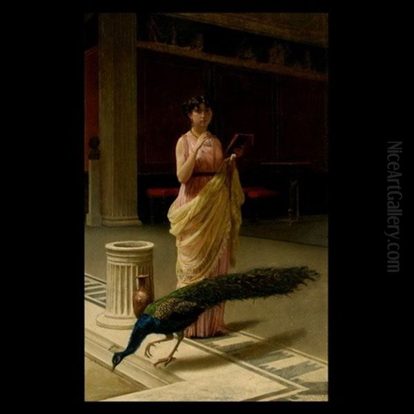 A Portrait Of A Lady With A Peacock In A Roman Interior Oil Painting by Giuseppe Boschetto