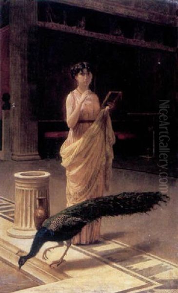 A Portrait Of A Lady With A Peacock In A Roman Interior Oil Painting by Giuseppe Boschetto