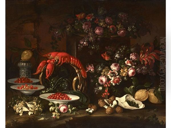 Grosses Stillleben Mit Hummer, Erdbeeren, Blumen Und Morcheln Oil Painting by Felice Boselli