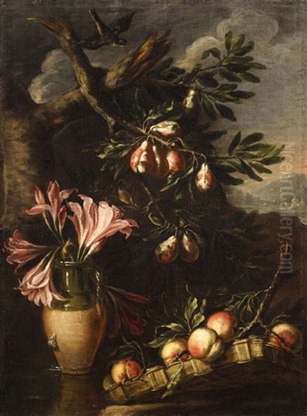 Vase With Lilys And Fruit Branches Before A Landscape Oil Painting by Felice Boselli