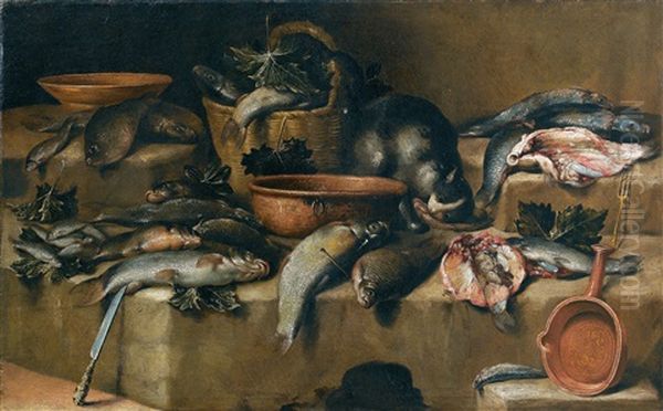 Stillleben Mit Fischen, Einem Weidenkorb, Weinblattern Und Einer Katze Mit Ihrer Beute Oil Painting by Felice Boselli