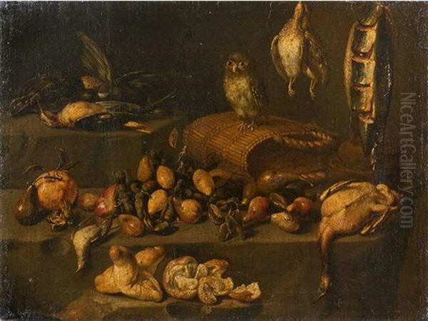 Nature Morte De Fruits Et De Volailles Animee D'une Chouette Oil Painting by Felice Boselli