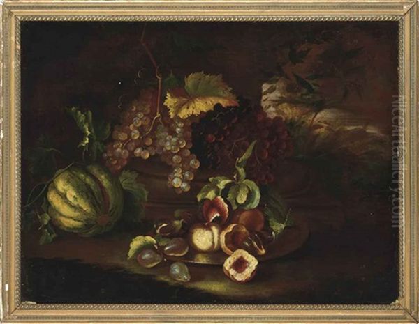 Grapes, Melon, Figs And Peaches On A Ledge Oil Painting by Felice Boselli