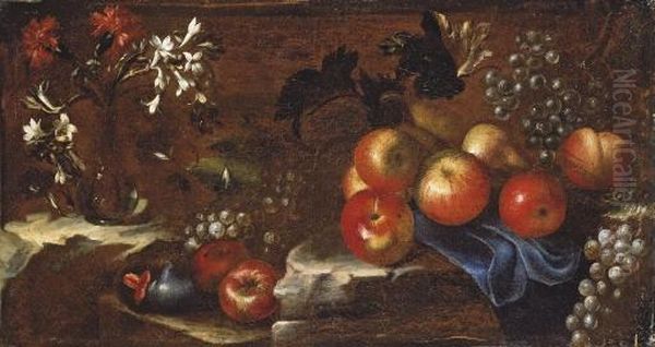 Nature Morte Aux Pommes, Raisins Et Fleurs Oil Painting by Tommaso Aldrovandini