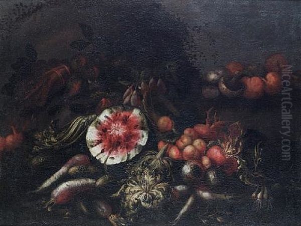 A Cut Watermelon, Peaches, Mushrooms And Other Fruit And Vegetables Oil Painting by Felice Boselli