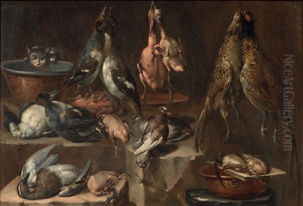 Natura Morta Con Selvaggina, Pollame, Gatto, Piccione E Bacili Di Rame Oil Painting by Felice Boselli