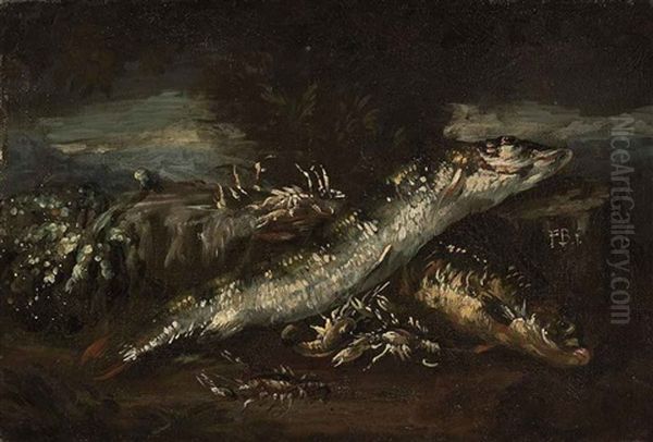 Fish, Crayfish And A Gourd, A Landscape Beyond Oil Painting by Felice Boselli