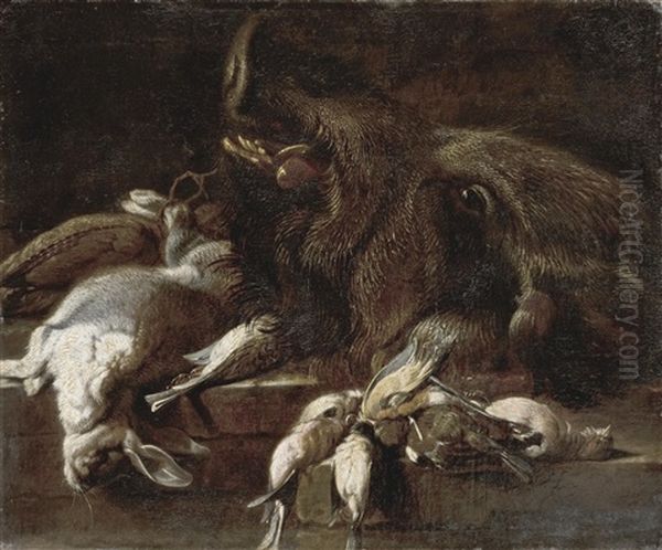 Stillleben Mit Wildschwein, Kaninchen Und Vogeln Auf Einem Tisch Oil Painting by Felice Boselli