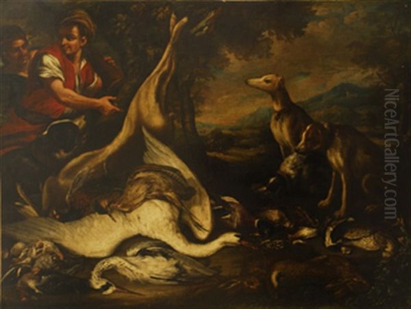 Cisne Con Caza Muerta, Cuatro Perros Y Dos Cazadores by Felice Boselli