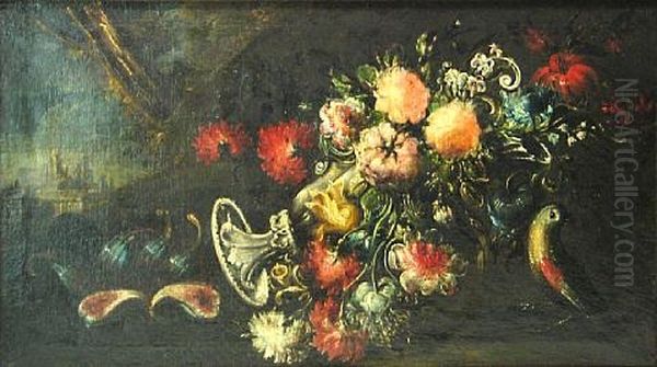 A Still Life With Flowers And A Bird (+ A Companion Still Life; Pair) Oil Painting by Felice Boselli