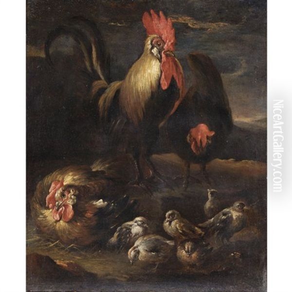 Un Gallo Con Gallina E Pulcini Oil Painting by Felice Boselli