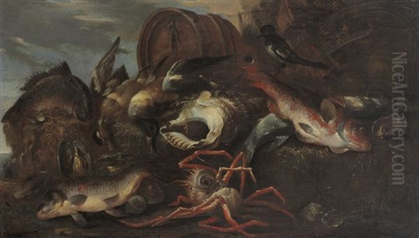 A Still Life Of Fish, Shells And Game Birds Oil Painting by Felice Boselli