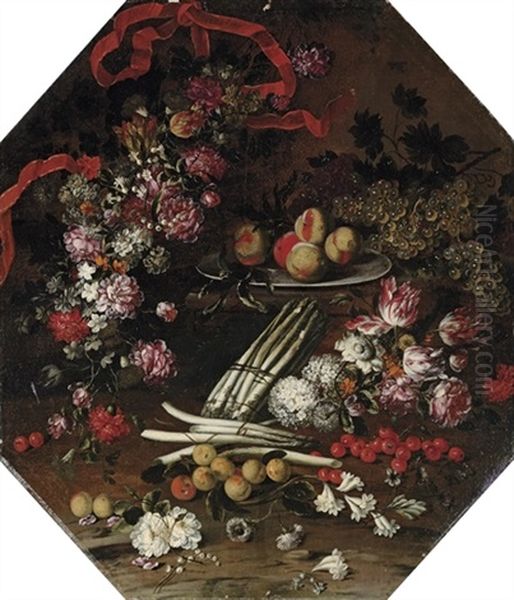 Asparagus, Cherries, Peaches And Flowers On A Wooden Ledge Oil Painting by Felice Boselli