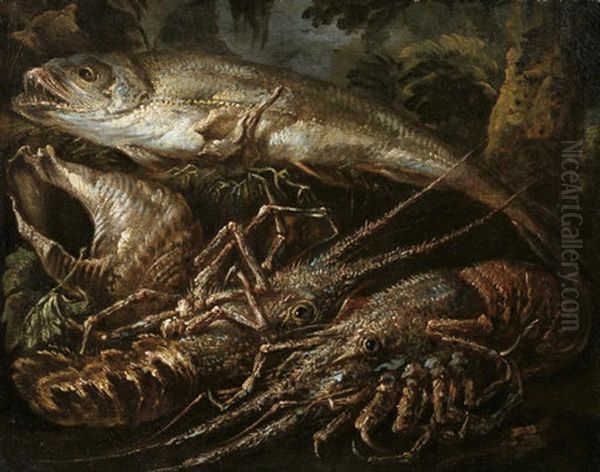 Still-life Of Two Lobsters, A Salmon And Shells On A Forest Floor Oil Painting by Felice Boselli