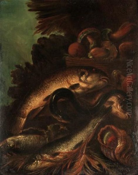 Still Life Of Fish, An Eel, And A Sea Shell Together With A Basket Of Mushrooms, In A Landscape by Felice Boselli