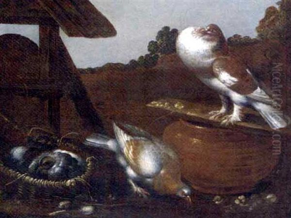 Pigeons And Chicks In A Farmyard Oil Painting by Felice Boselli