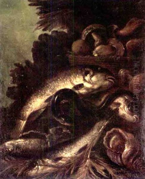 Still Life Of Fish, And Eel, And A Sea Shell Together With A Basket Of Mushrooms, In A Landscape Oil Painting by Felice Boselli