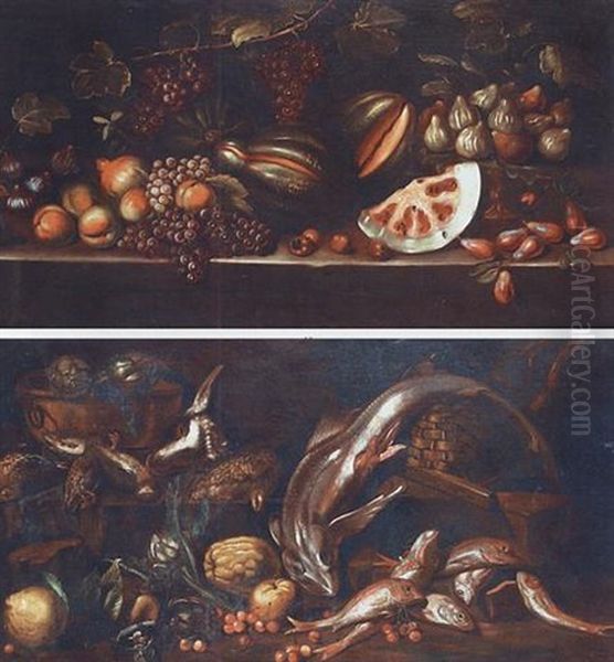 Nature Morte: Legumes, Gibier, Fruits Et Poissons Oil Painting by Felice Boselli