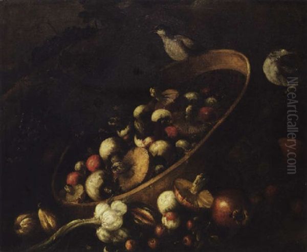 Still Life With A Basket, Mushrooms, Onions, Tomatoes, And Grapes Together With Other Vegetables And Song Birds Oil Painting by Felice Boselli