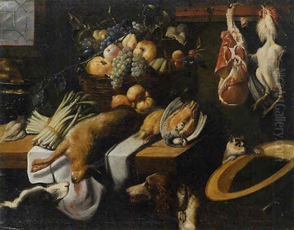 Cacciagione, Pollame Appeso, Verdura E Frutta Su Tavolo Con Due Cani E Gatto In Interno Oil Painting by Felice Boselli