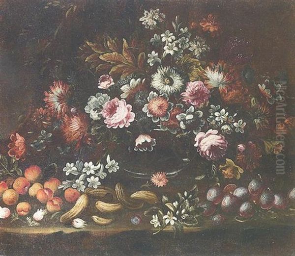 Mazzo Di Fiori In Brocca Di Vetro Si Basamento Con Frutta by Felice Boselli