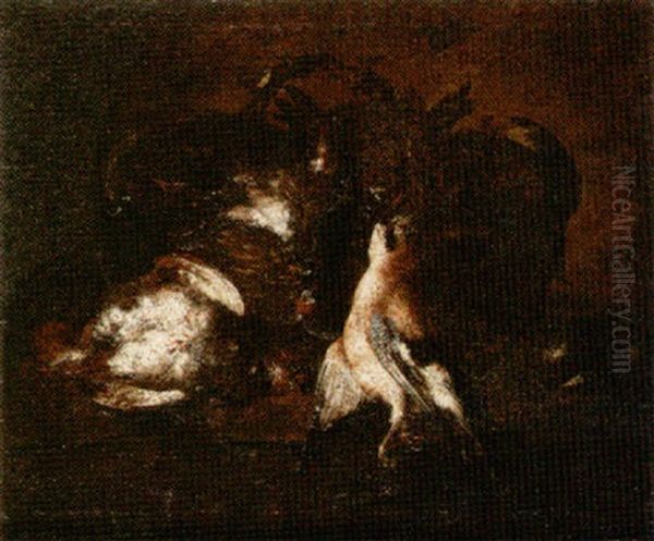 Still Life Of A Jay And A Partridge Beside A Wicker Basket, Upon A Stone Ledge Oil Painting by Felice Boselli