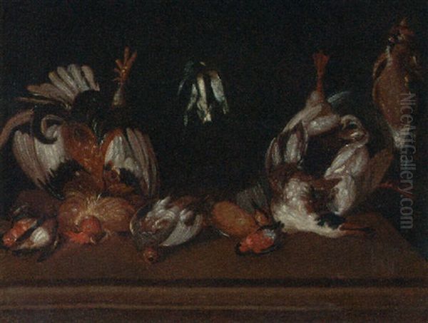 A Hanging Cockerel, Finches, Ducks And Jays With Dead Songbirds And A Grouse On A Table Oil Painting by Felice Boselli