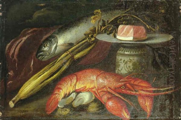 A Still Life Of A Lobster, Oysters, Fennel, A Stoneware Jar And A Lemon On A Silver Plate Oil Painting by Felice Boselli