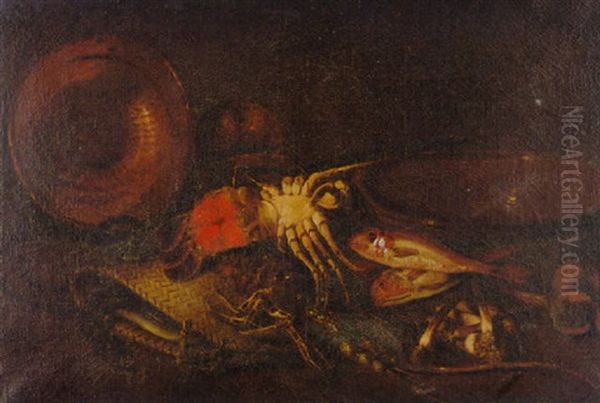 Lobsters, A Basket, An Upturned Copper Dish, A Red Mullet And A Terracotta Bowl On A Ledge Oil Painting by Felice Boselli