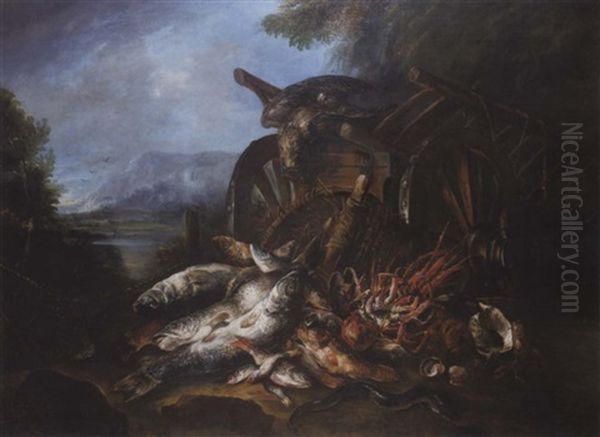 A Dead Falcon On A Barrow, Cod, Red Mullet, An Eel And Other Fish, A Crab, A Conch Shell And Scallop Shells On The Bank Of An Estuary Oil Painting by Felice Boselli