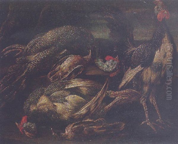 Cockerels And Other Birds In A Landscape Oil Painting by Felice Boselli