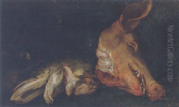 Still Life Of A Hog's Head, A Pike And Mushrooms, Beside A Wicker Basket Oil Painting by Felice Boselli