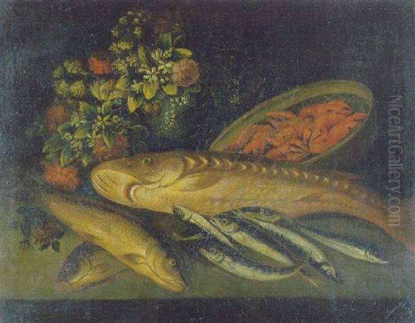 Pesci E Fiori Su Un Piano Di Pietra Con Gamberi In Una Cesta Oil Painting by Felice Boselli