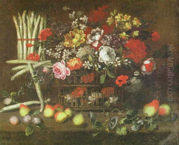 Stilleben Mit Blumen In Einem Bastkorb, Links Ein Bundel Spargel, Im Vordergrund Birnen Und Pflaumen Oil Painting by Felice Boselli