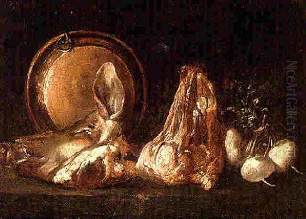 Still Life Of A Hog's Head, Turnips And A Copper Pan Oil Painting by Felice Boselli